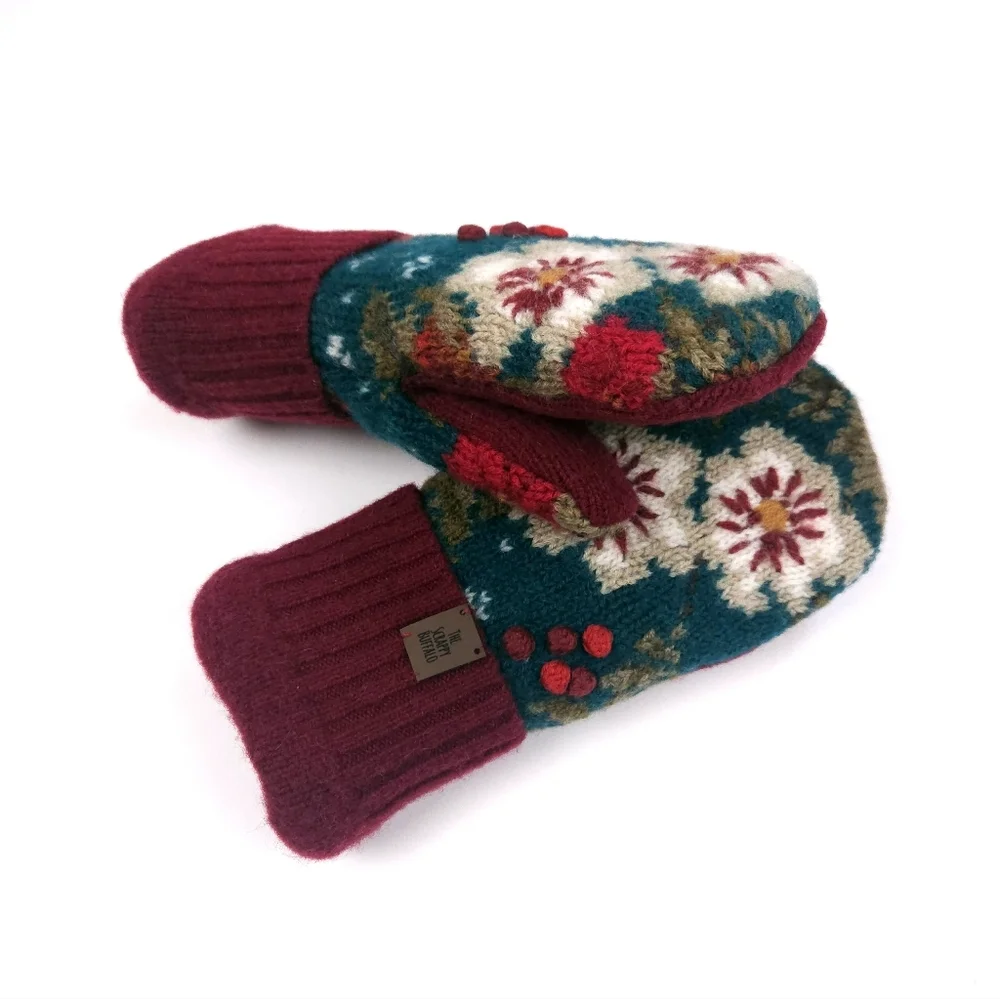 Upcycled Embroidered Teal and Burgundy Sweater Mittens Double Fleece Lined M